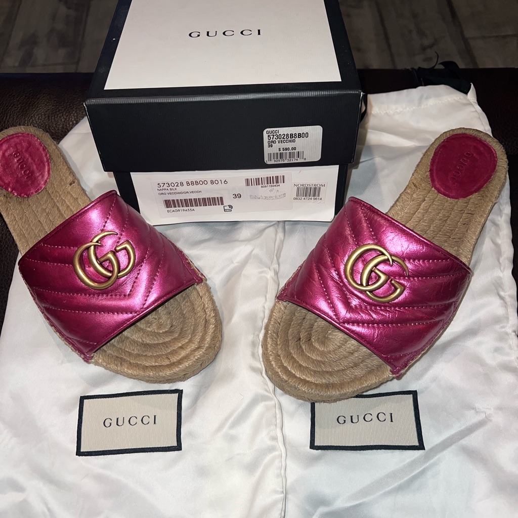 100% Auth. Gucci Gg Marmont Fuchsia Espadrille Slide Sandals